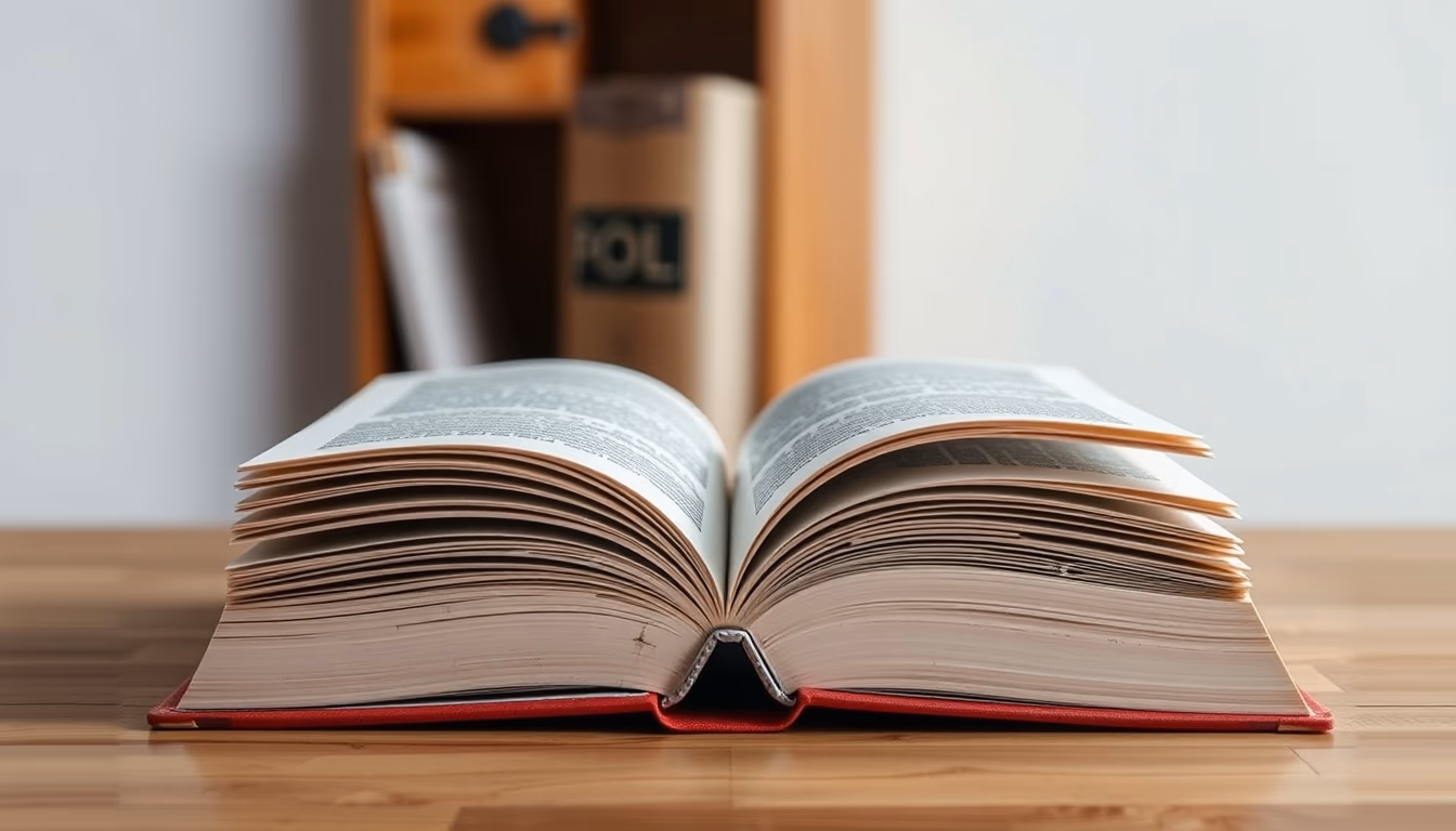 open book on wooden desk in editorial style