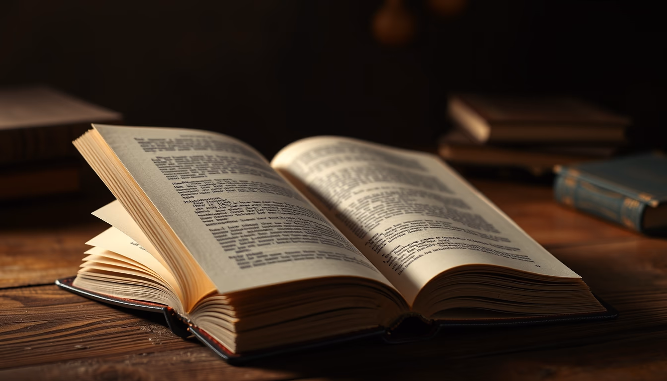 open book on wooden desk in editorial style