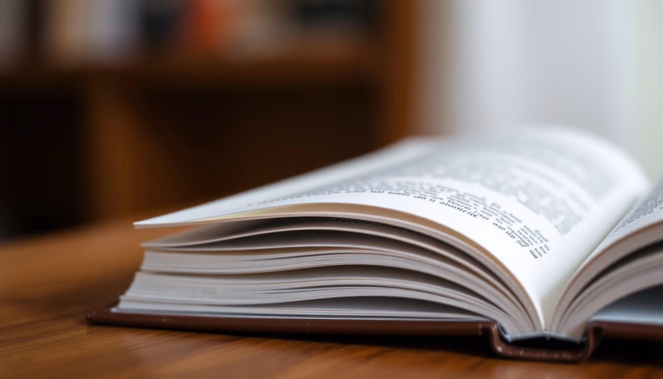 open book on wooden desk in editorial style