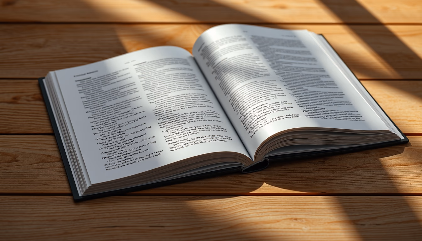 open book on wooden desk in editorial style