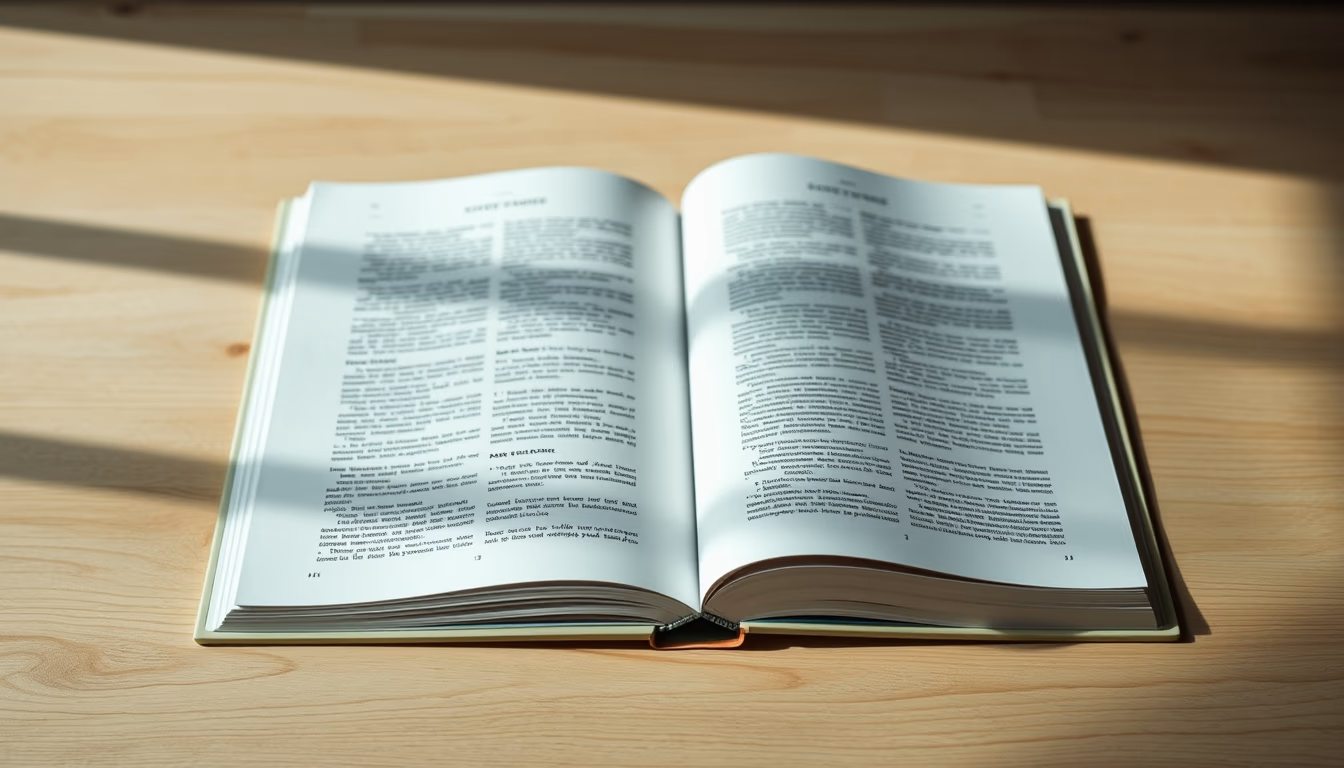 open book on wooden desk in editorial style