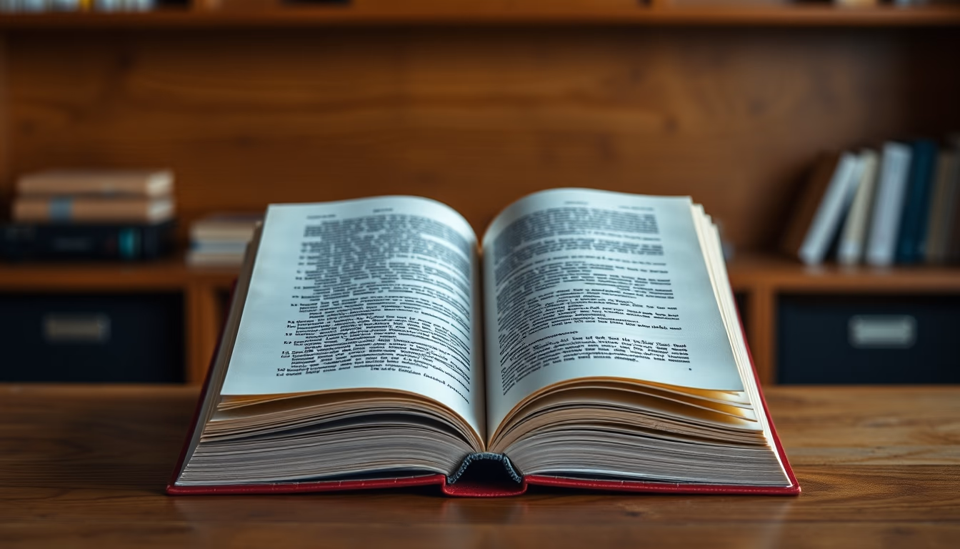 open book on wooden desk in editorial style