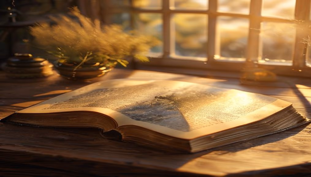open book on wooden desk in editorial style