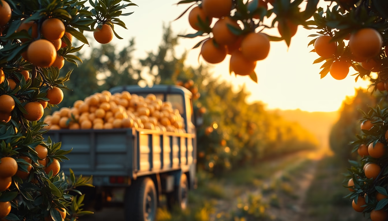 orange grove with truck collecting fresh fruit in editorial style