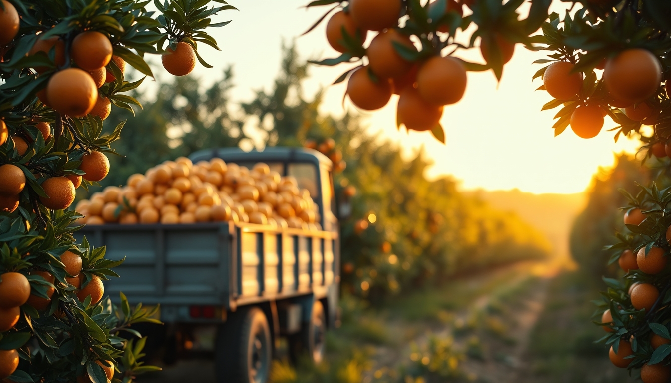 Orange grove with truck collecting fresh fruit em estilo editorial