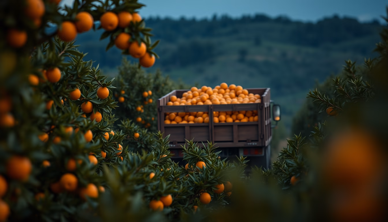 orange grove with truck collecting fresh fruit in editorial style