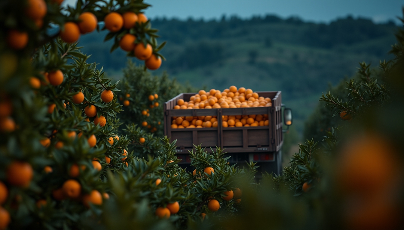 orange grove with truck collecting fresh fruit in editorial style