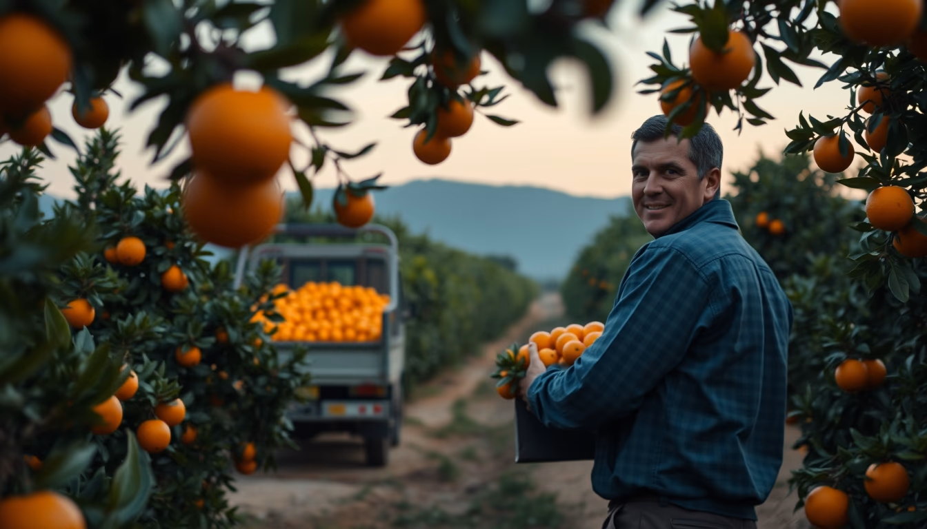 orange grove with truck collecting fresh fruit in editorial style