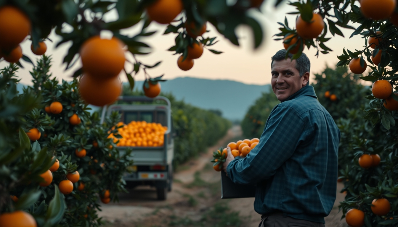 Orange grove with truck collecting fresh fruit em estilo editorial