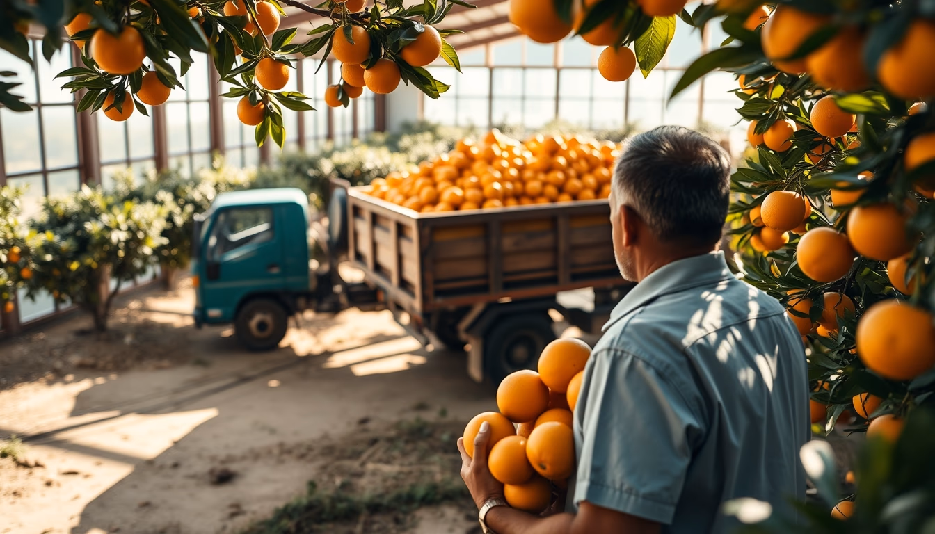 orange grove with truck collecting fresh fruit in editorial style