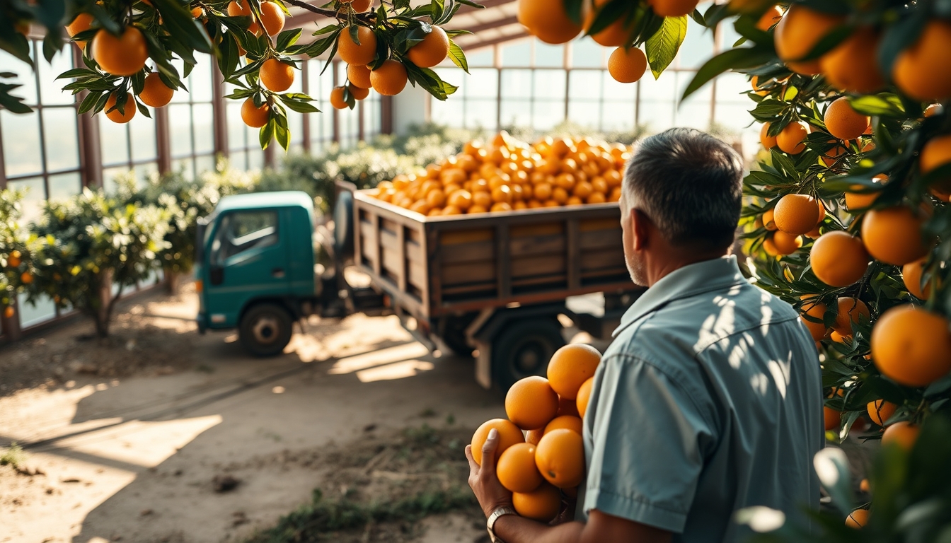 orange grove with truck collecting fresh fruit in editorial style