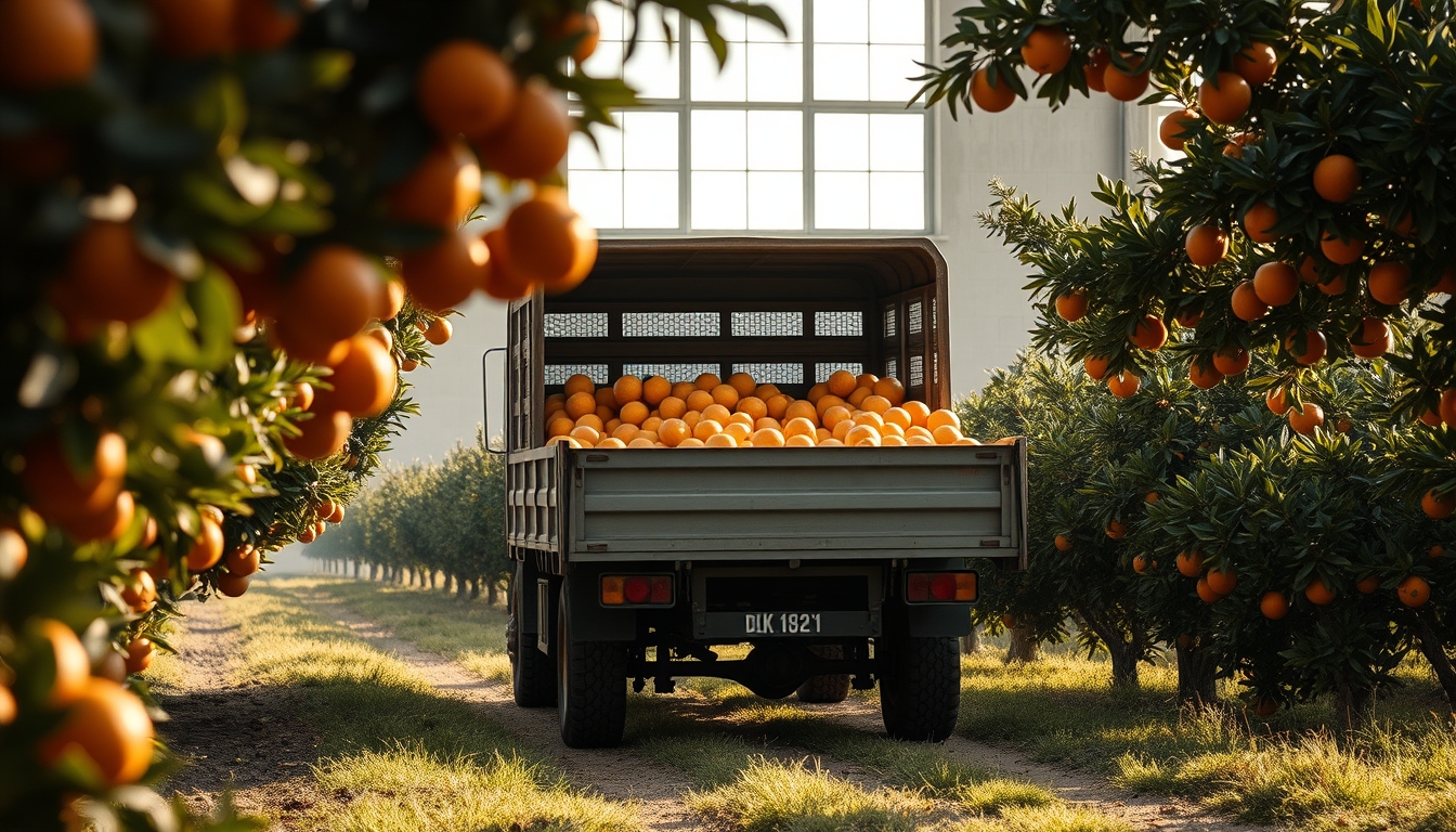 orange grove with truck collecting fresh fruit in editorial style