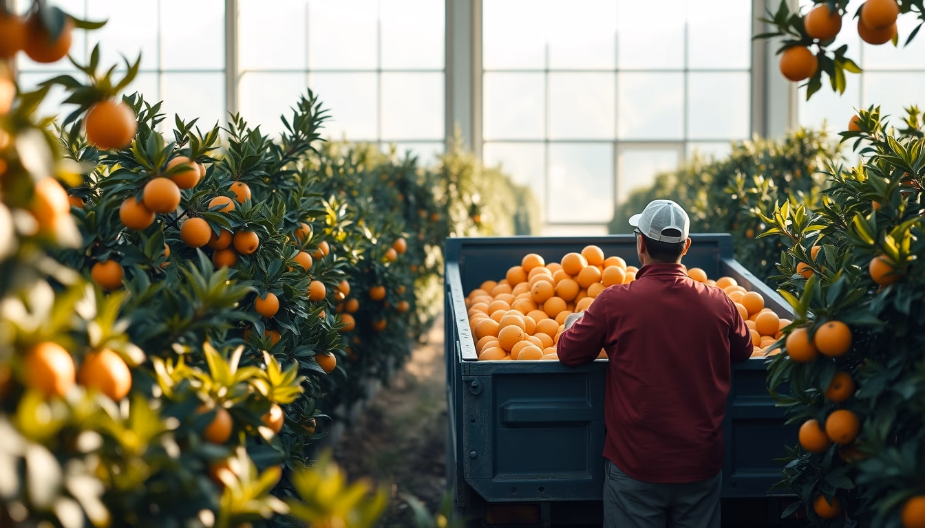 orange grove with truck collecting fresh fruit in editorial style