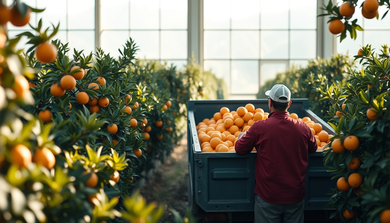 Orange grove with truck collecting fresh fruit em estilo editorial