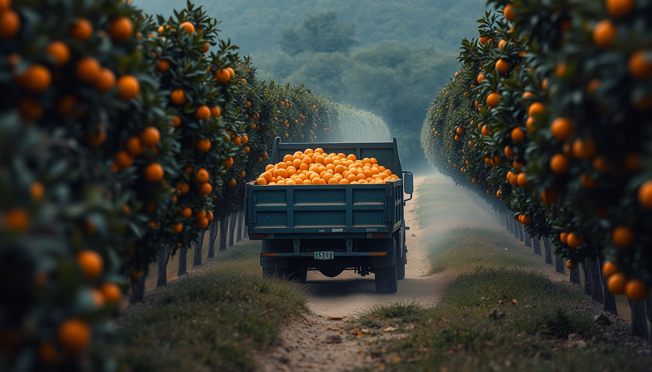 Orange grove with truck collecting fresh fruit em estilo editorial