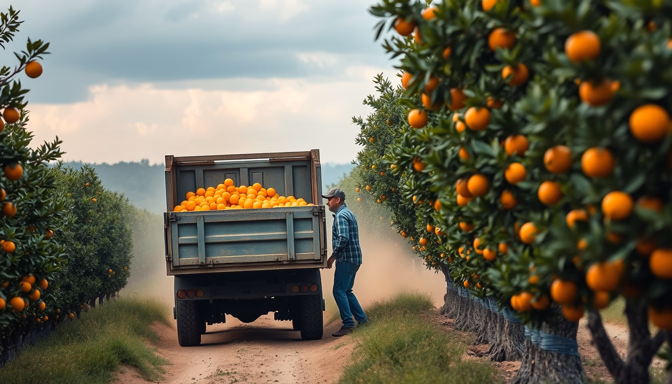 Orange grove with truck collecting fresh fruit em estilo editorial