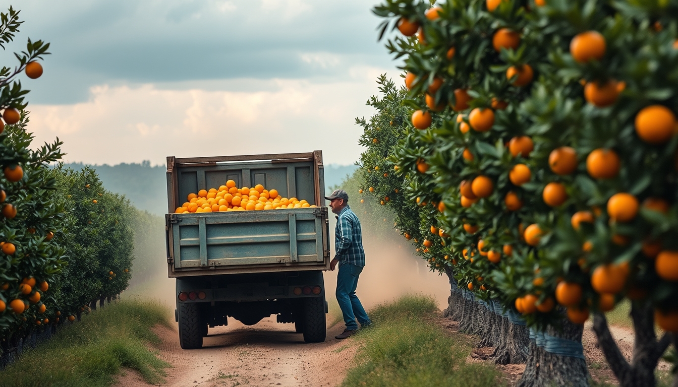 orange grove with truck collecting fresh fruit in editorial style