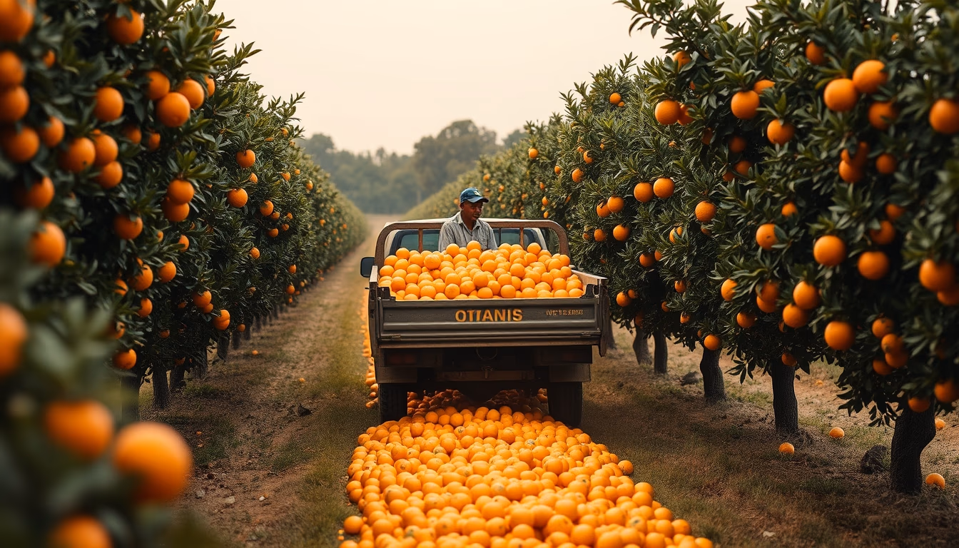 orange grove with truck collecting fresh fruit in editorial style
