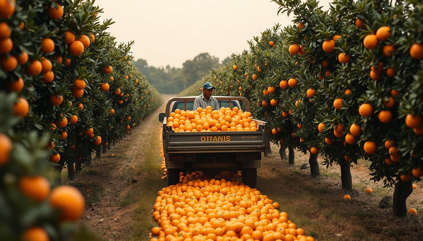 Orange grove with truck collecting fresh fruit em estilo editorial