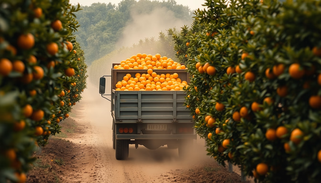 orange grove with truck collecting fresh fruit in editorial style