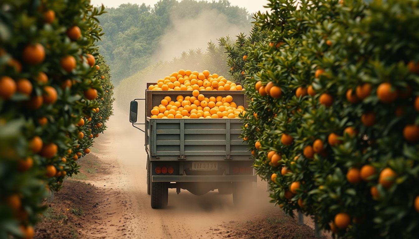 Orange grove with truck collecting fresh fruit em estilo editorial