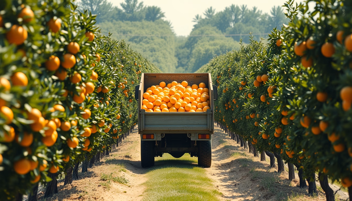 orange grove with truck collecting fresh fruit in editorial style