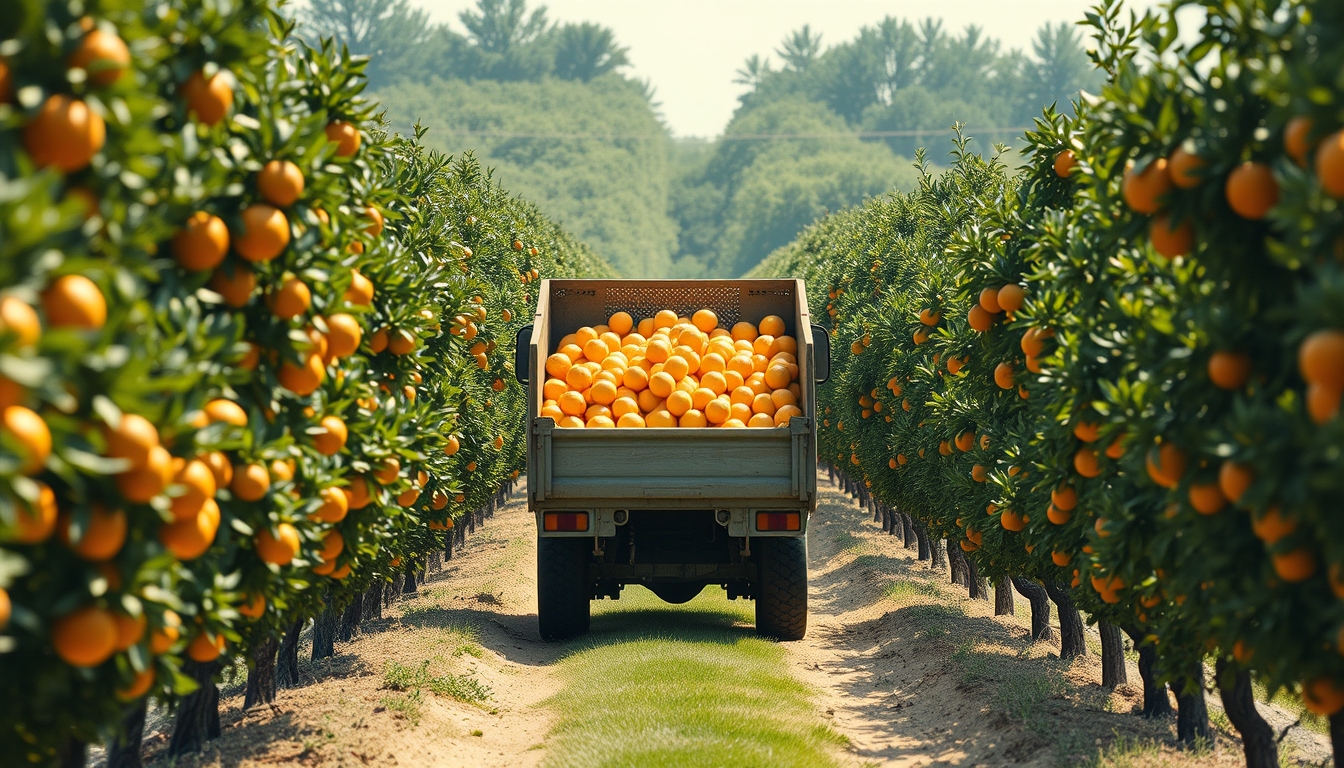 Orange grove with truck collecting fresh fruit em estilo editorial