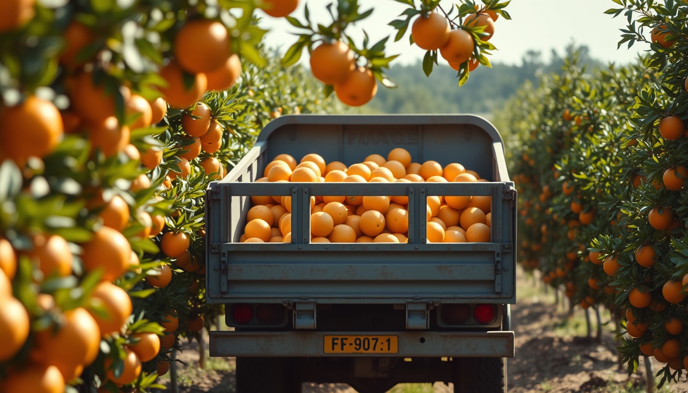 orange grove with truck collecting fresh fruit in editorial style