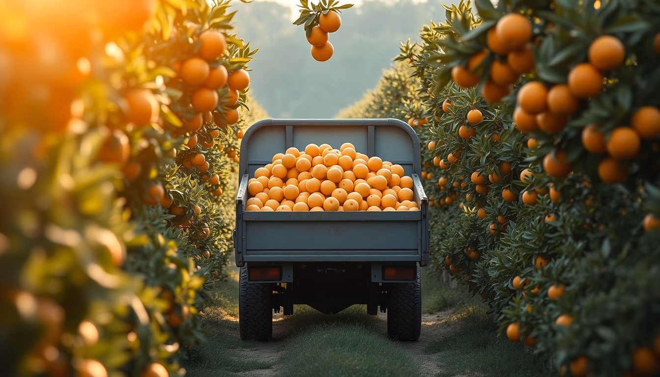 Orange grove with truck collecting fresh fruit em estilo editorial