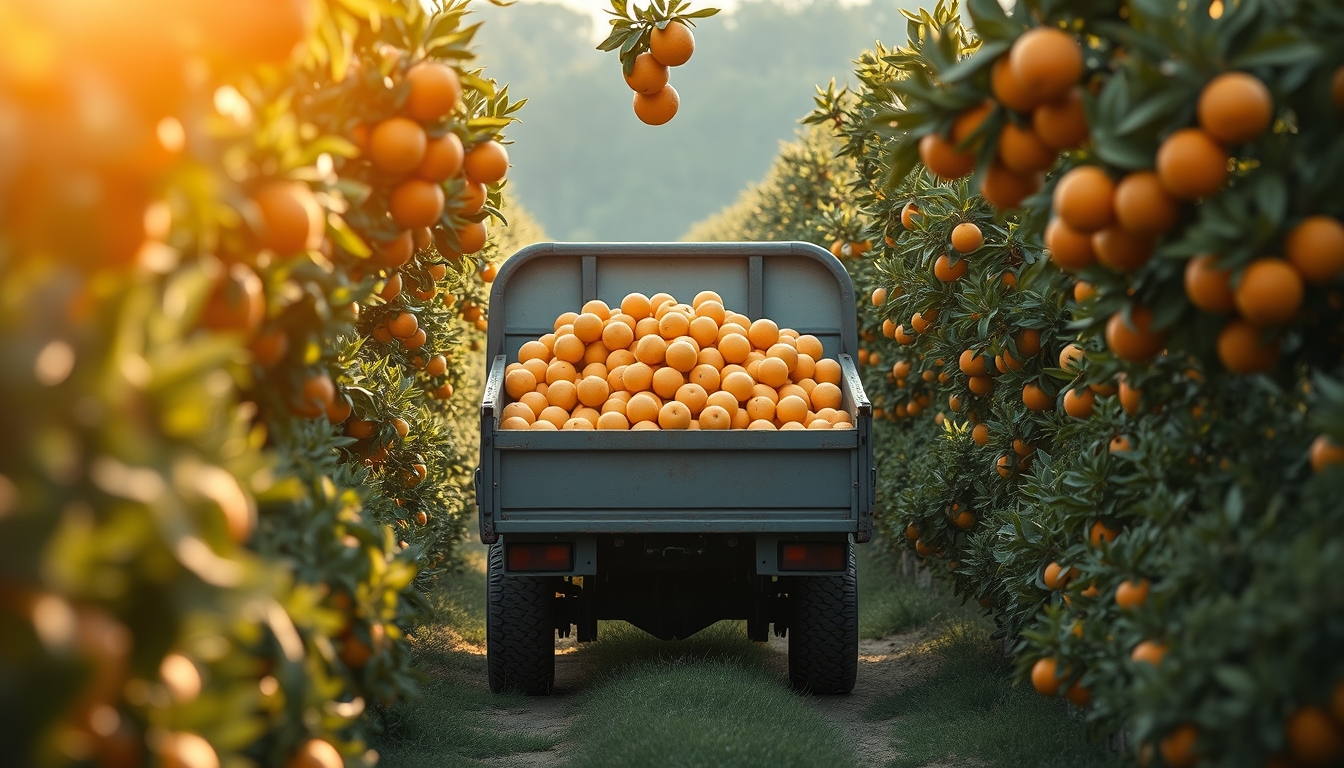 orange grove with truck collecting fresh fruit in editorial style