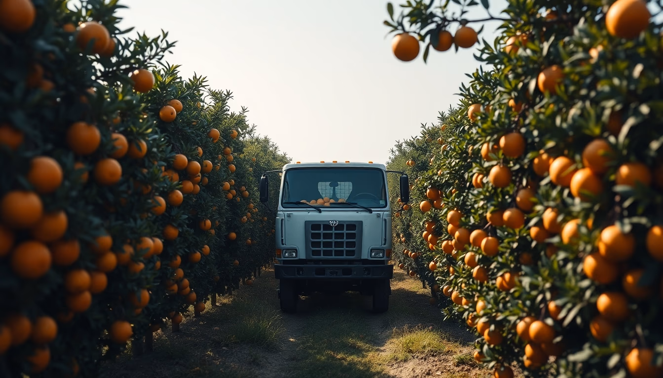 orange grove with truck collecting fresh fruit in editorial style