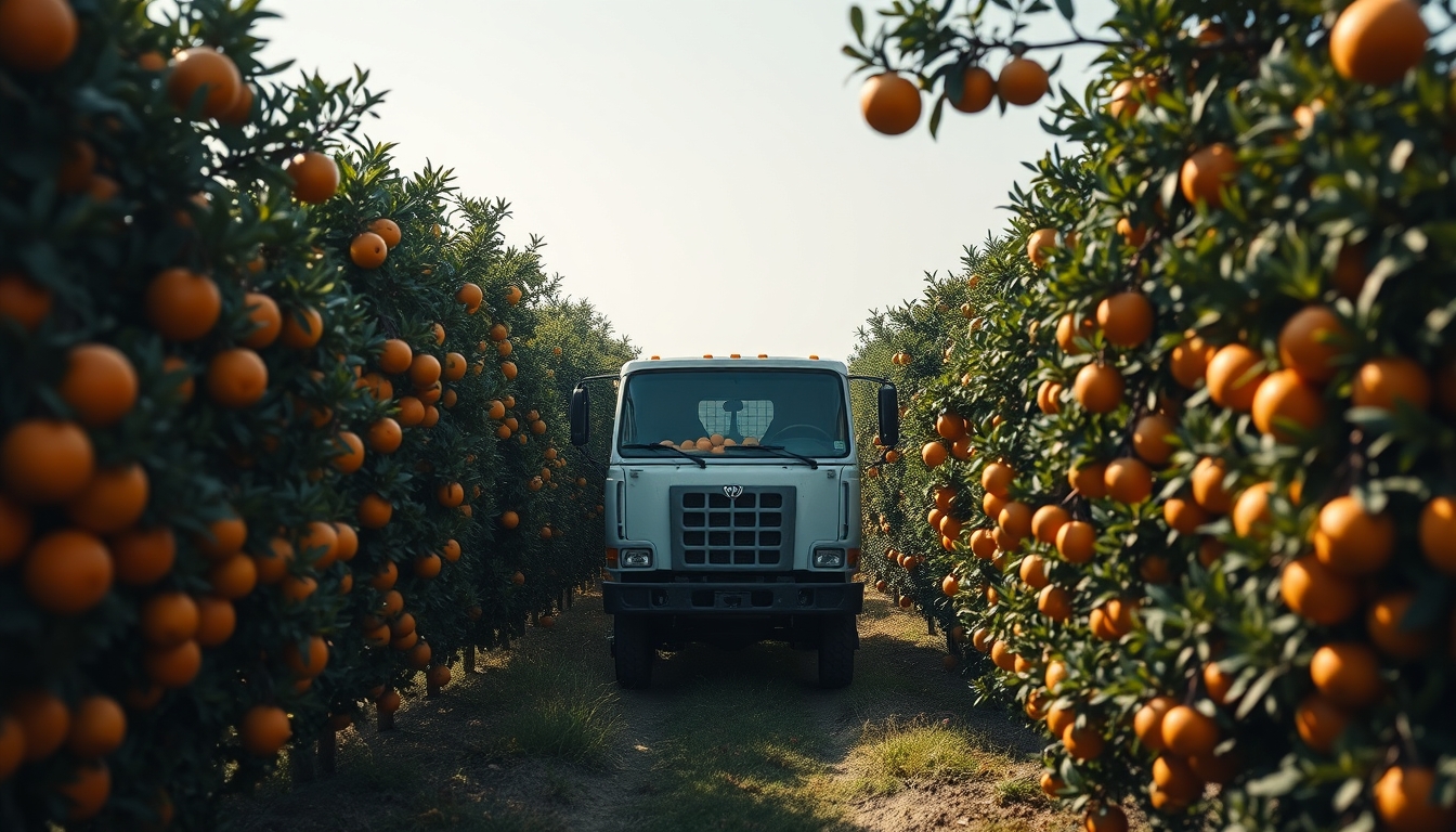 Orange grove with truck collecting fresh fruit em estilo editorial
