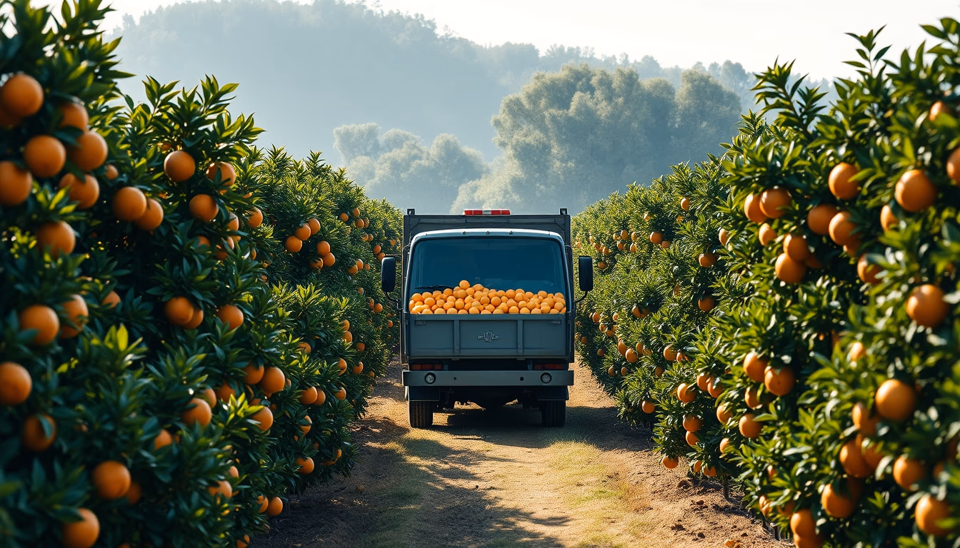 Orange grove with truck collecting fresh fruit em estilo editorial