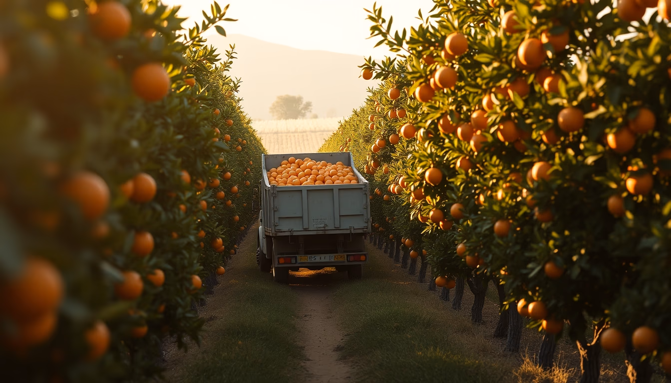 Orange grove with truck collecting fresh fruit em estilo editorial