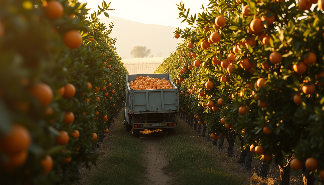 Orange grove with truck collecting fresh fruit em estilo editorial