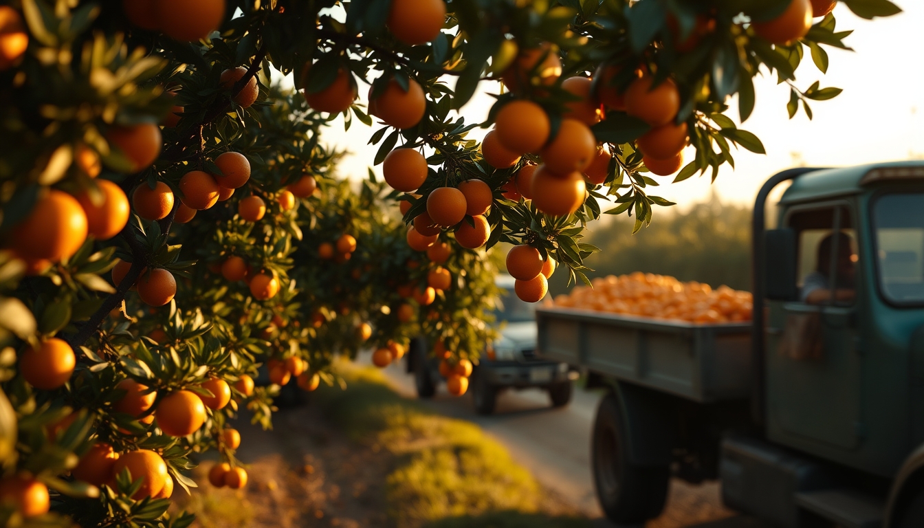 Orange grove with truck collecting fresh fruit em estilo editorial