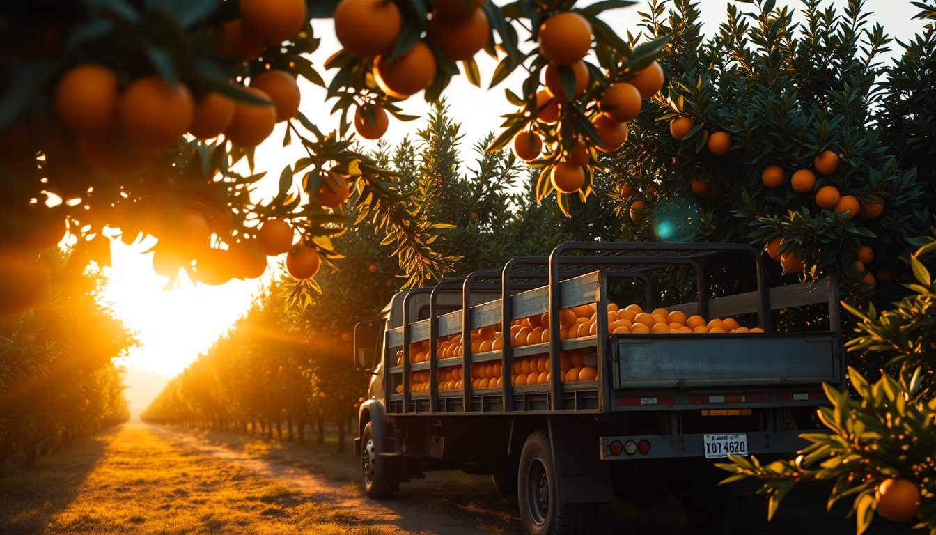 Orange grove with truck collecting fresh fruit em estilo editorial