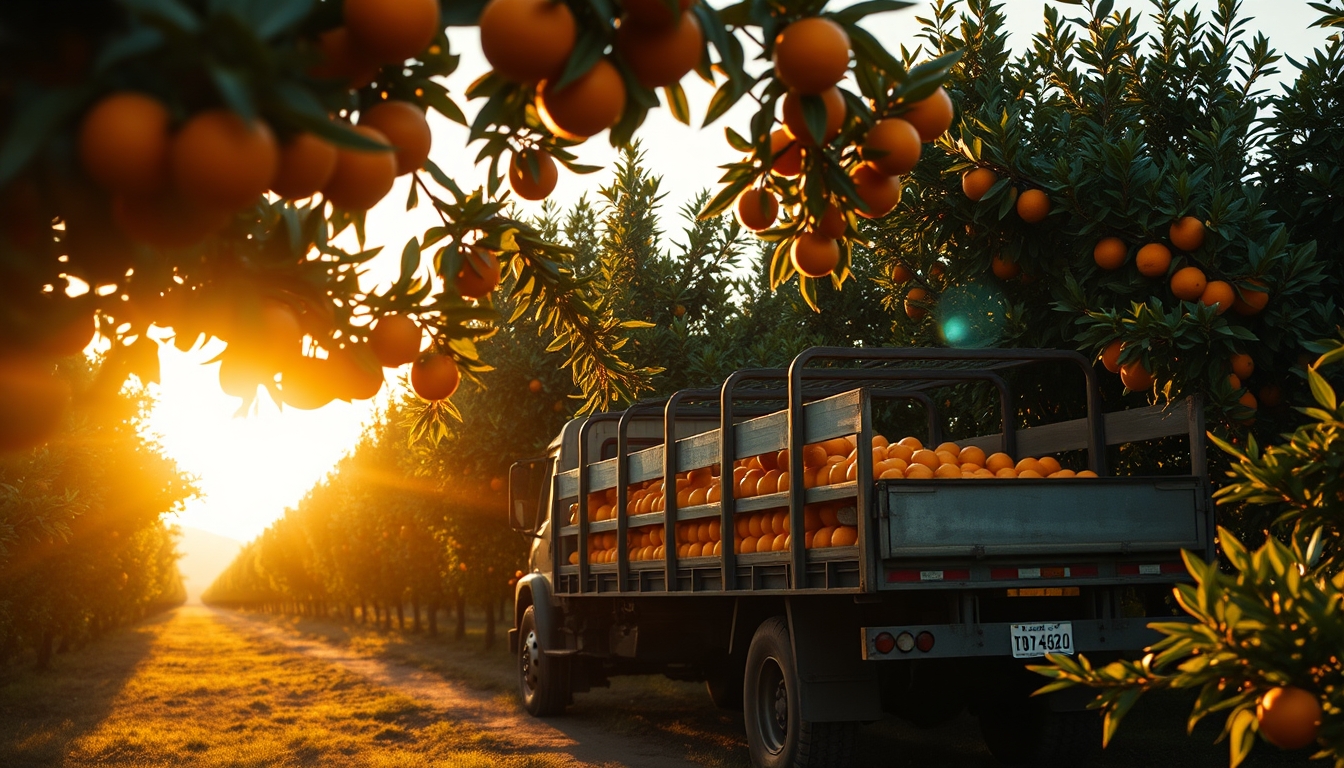 orange grove with truck collecting fresh fruit in editorial style