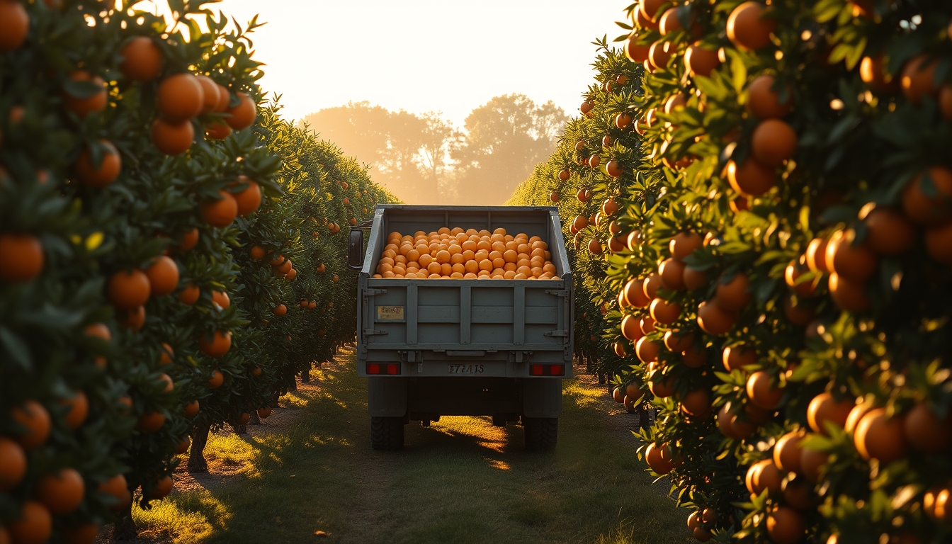 Orange grove with truck collecting fresh fruit em estilo editorial