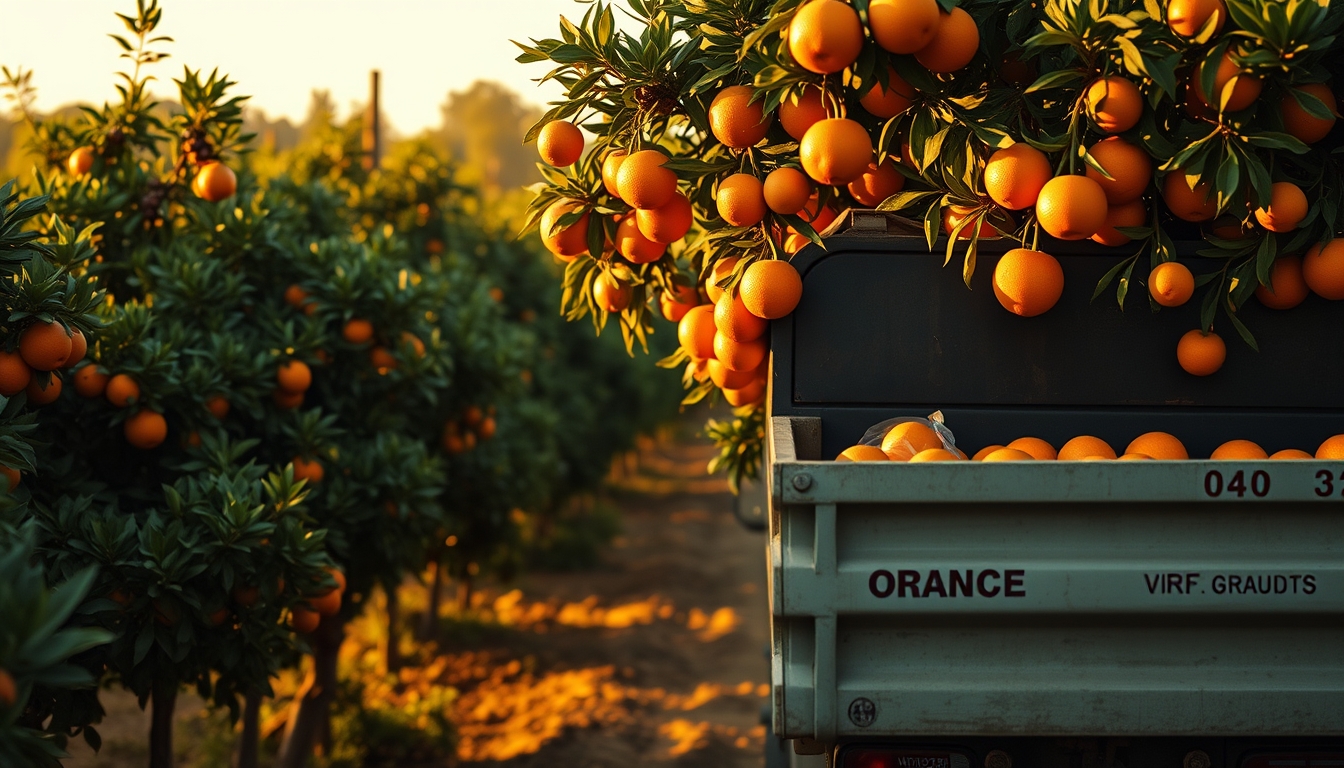 Orange grove with truck collecting fresh fruit em estilo editorial