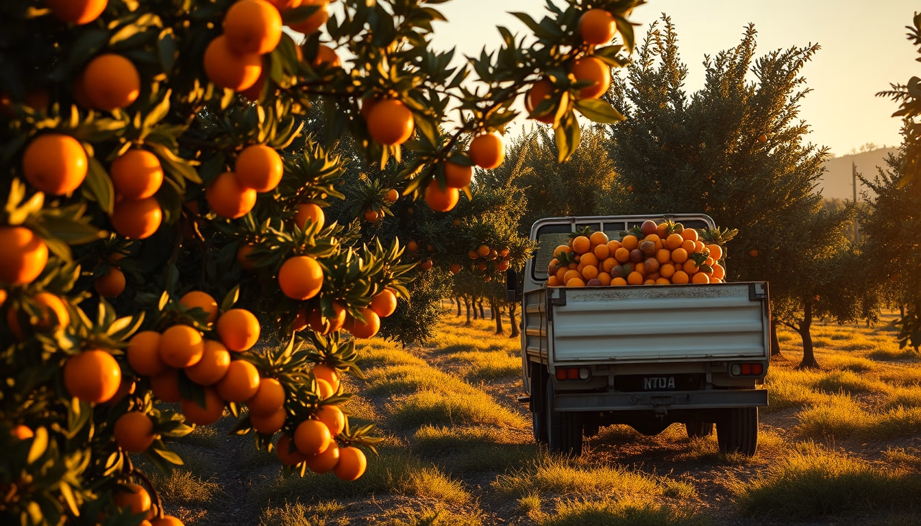 Orange grove with truck collecting fresh fruit em estilo editorial