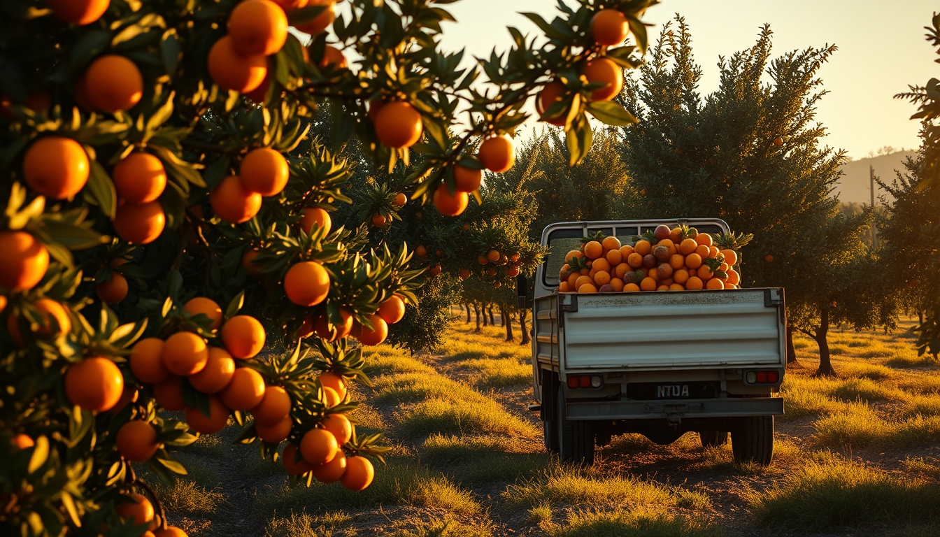 Orange grove with truck collecting fresh fruit em estilo editorial