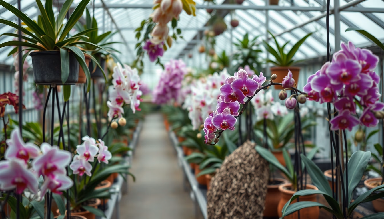 orchid greenhouse asian in editorial style
