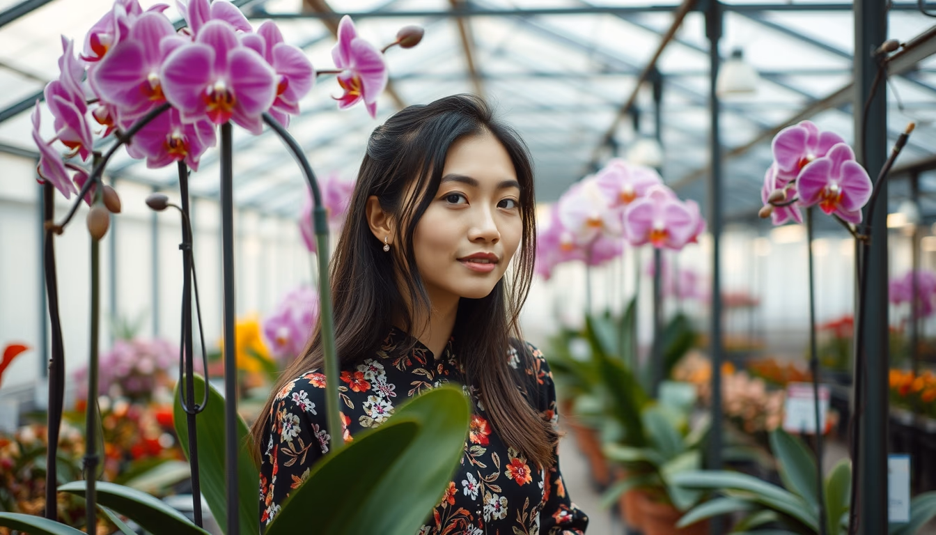 orchid greenhouse asian in editorial style