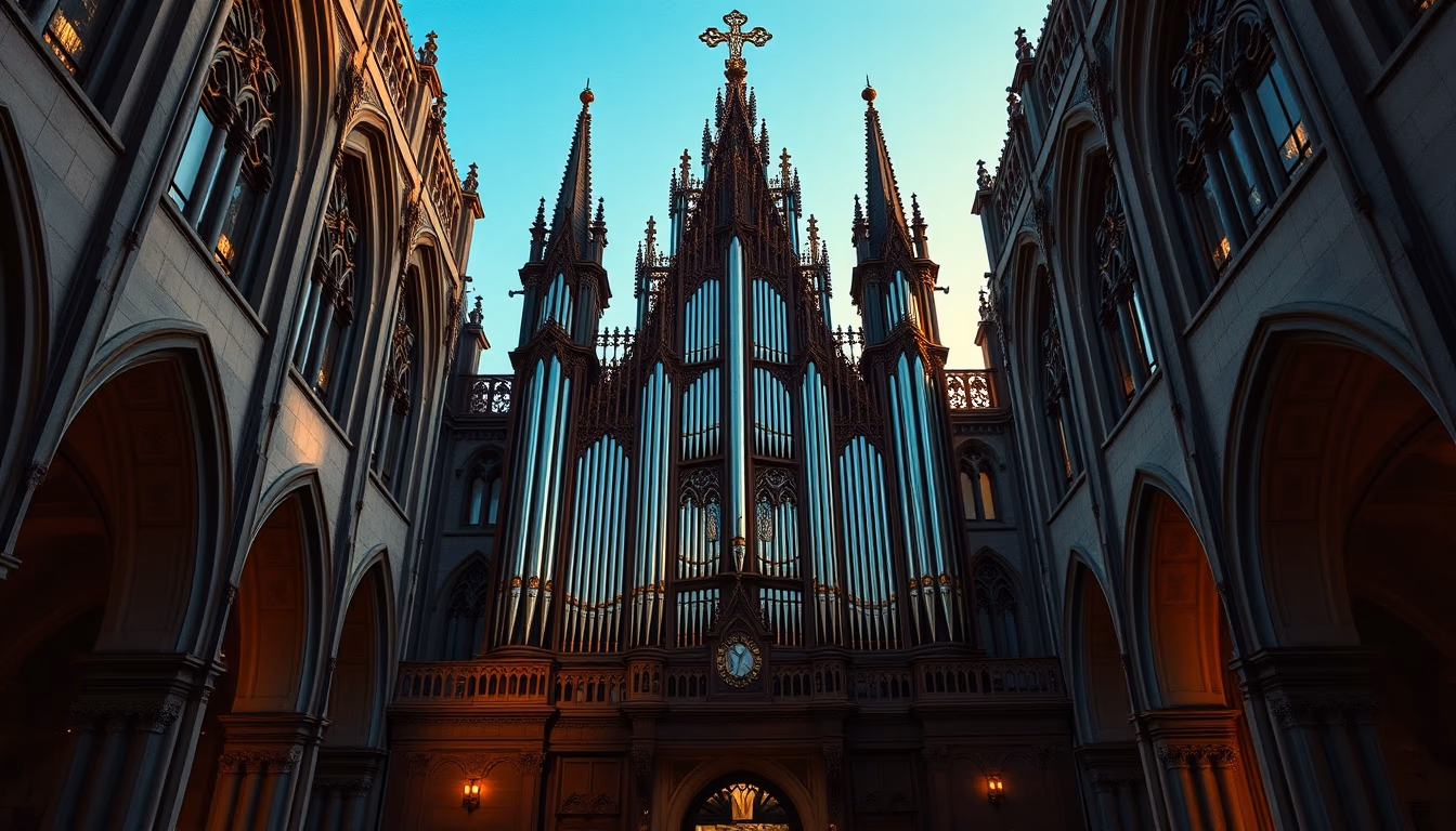 organ pipes cathedral in editorial style