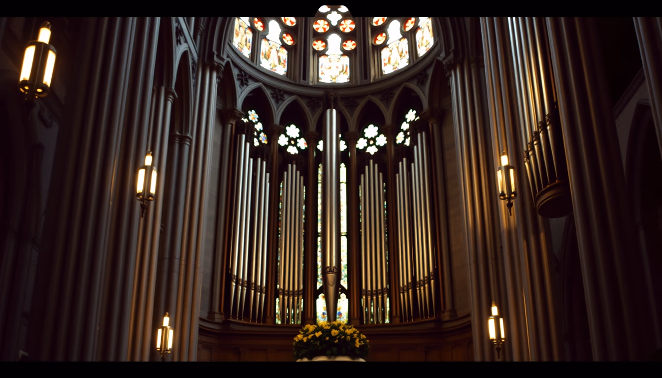 organ pipes cathedral in editorial style
