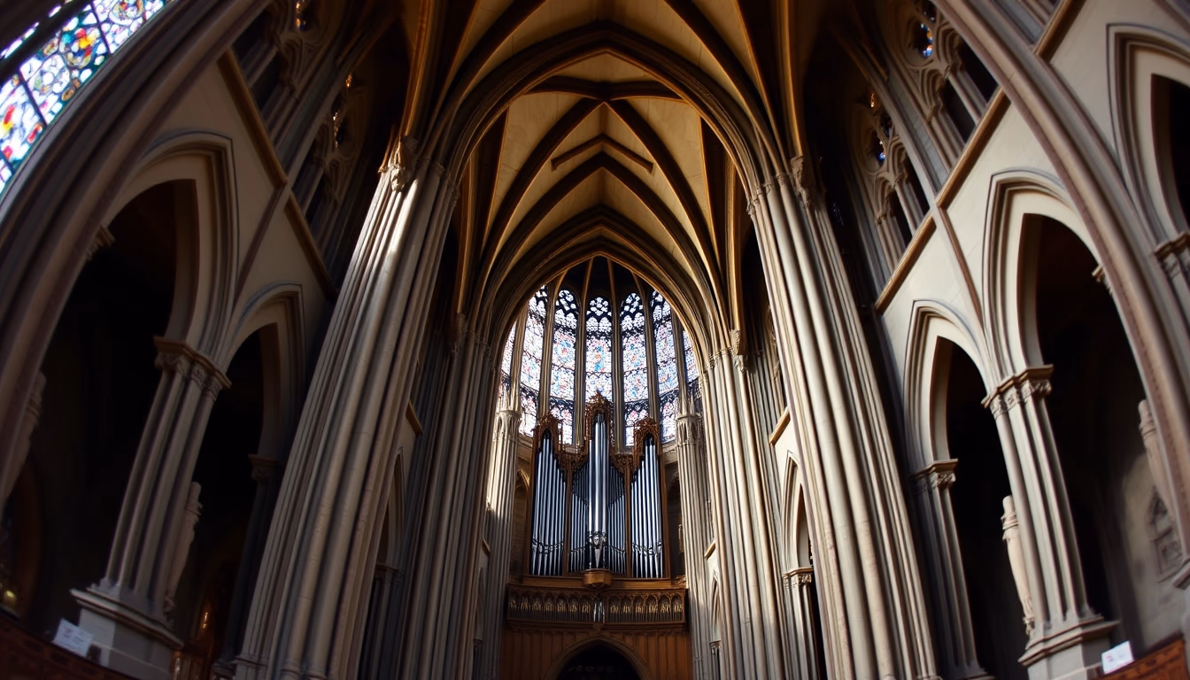 organ pipes cathedral in editorial style