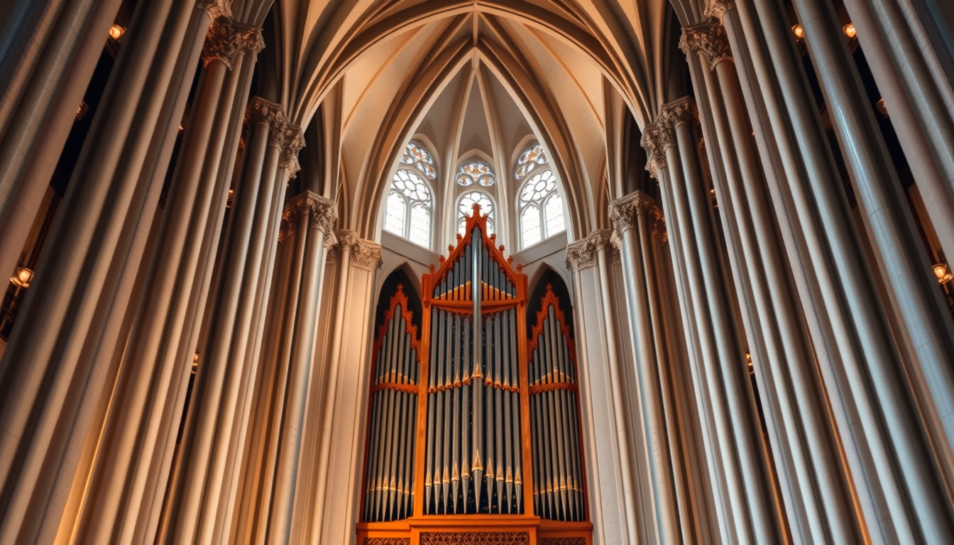 organ pipes cathedral in editorial style