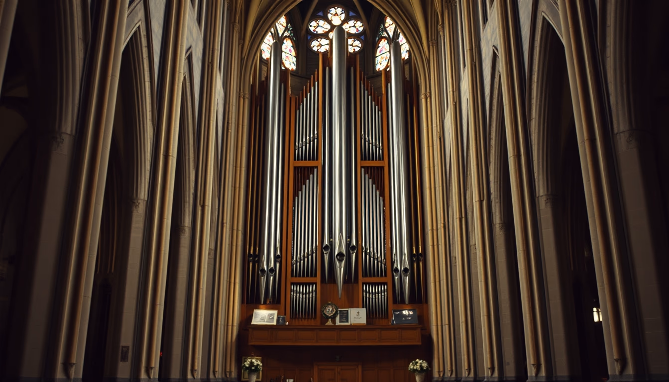 organ pipes cathedral in editorial style
