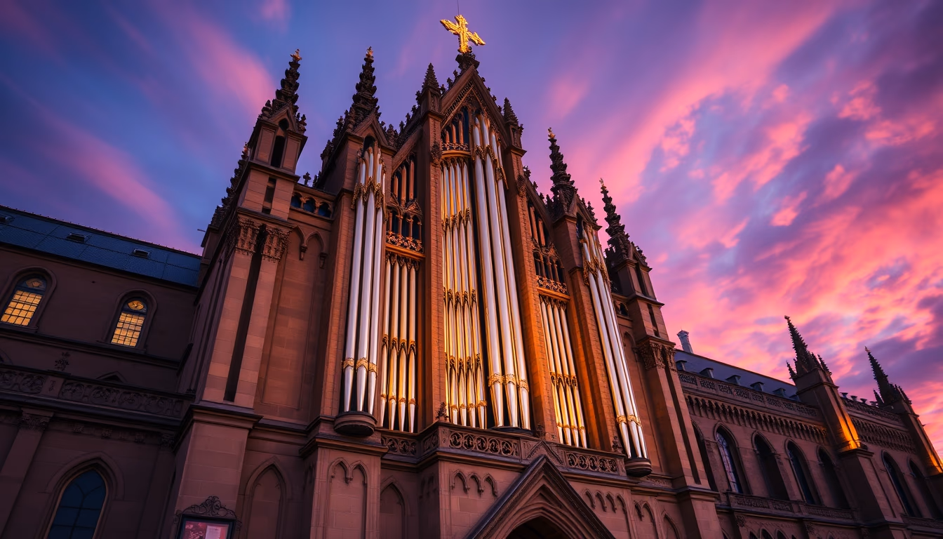 organ pipes cathedral in editorial style